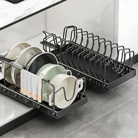 Pot Lid Holder, Extendable, Pan Holder for Drawer with 12 Adjustable Dividers & Kitchen Towel Holder, Pot Lid Storage, Kitchen Pan Organiser, Lid Holder for Kitchen (Pack of 1)