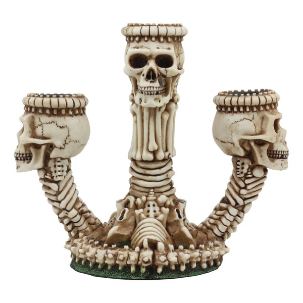 Ebros Gothic Trio Ossuary Graveyard Skulls and Skeleton Bones Candelabra Candle Holder Statue Wicked Skeletal Altar Shrine Figurine