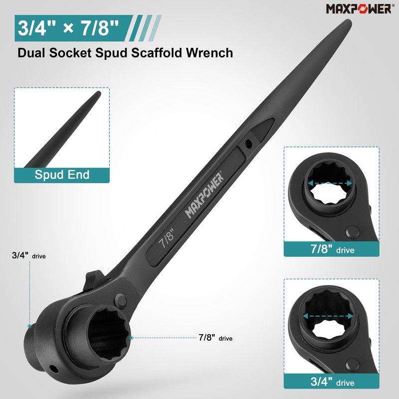 MAXPOWER 2PCS Spud Ratchet Scaffold Wrench Set, 7/8 Inch x
