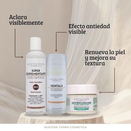Nuestra Tierra Cosmetica Kit Despigmentante Facial y Corporal, Loción 20% Ácido Mandélico 125ml, Crema Genitals 100ml, Mascarilla Lacto Renew 100ml