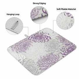Vintage Pastoral Chrysanthemum Dish Drying Mats for Kitchen Counter,Absorbent Microfiber Dish Drainer Rack Mat Purple White Gray Flower Drying Pad for Sinks,Utensils,Countertops,18x24IN