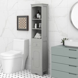 Royard Oaktree Tall Bathroom Cabinet with Drawer and Open Shelves Freestanding Storage Cabinet with Hutch Modern Narrow Kitchen Pantry Sideboard Cabinets for Living Room Office, Grey