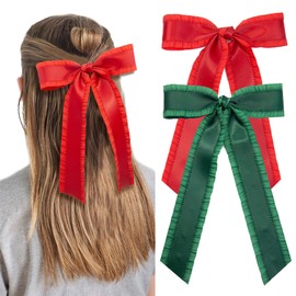 GiLi 2PCS Hair Bows for Women Girls, Bow for Hair Slides Metal Clips Cute Ruffled Edge Satin Ribbon Accessories for Toddlers Teens Kids (Red, Hunter Green)