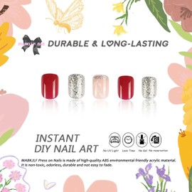 Wine Red Press on Nails Short Square Fake Nails Sliver Glitter Full Cover White Leaves False Nails with Designs Glossy Glue on Nails New Year Acrylic Manicure Artificial Nails for Women Girls 24Pcs