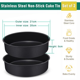 HaWare HaWare 8 inch Cake Tin Set of 2, Non-Stick Stainless Steel Round Baking Pan for Baking Roasting Serving, Birthday Wedding Layer Cake Tins, Healthy & Non-Toxic, Rust Resistant (20cm, Black)