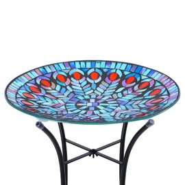 VCUTEKA Mosaic Bird Bath, Glass Birdbath Detachable with Metal Standing for Outdoor Patio Garden Backyard Décor