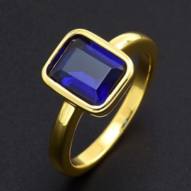 RIZILIA CELEBOX Solitaire Engagement Ring with Emerald Cut Gemstones CZ [Blue Sapphire] in 18K Yellow Gold Plated, Celebrity Inspired by Angelina Jolie