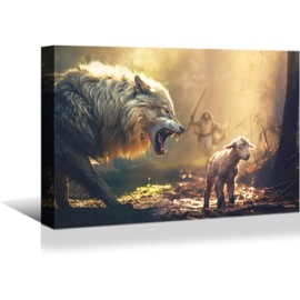 SOPAMI Christian Wall Art, Jesus Running Towards Wolf and Lamb Picture Wall Art,Canvas Wall Art for Living Room Ready to Hang for Church, Room, Bedroom, Office 36"x24"