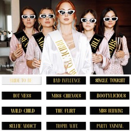 KICOSY 18 Piece Bachelorette Party Sashes Set - 1 White Bride Sash & 17 Black Bridesmaid Sashes with Gold Lettering, Pre - Wedding Bridal Shower Favors