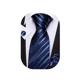 Barry.Wang Formal Royal Blue Men Ties Pocket Square Cufflinks Silk Necktie Set Stripe Business