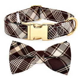 Kamercy Dog Collar with Bow Tie Set, Vintage Dark Brown and Beige Check