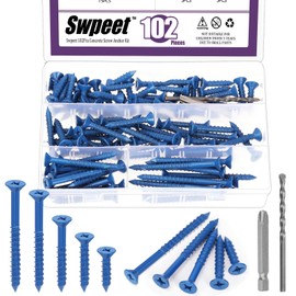 Swpeet 102Pcs 5 Sizes 1/4" Flat Head Concrete Screw Anchors with Screwdriver Bit and Drill Bit Assortment Kit, Concrete Screws Self Tapping Cement Screws for Anchoring to Masonry Block Brick Stucco