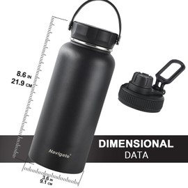 Navigate 32 oz Insulated Stainless Steel Sports Water Bottle with Spout & Handle Lids,Wide Mouth Water Jug with Double Walled Leak Proof Keep Cold for 24 Hrs Hot for 12 Hrs,Black