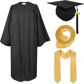 Matte Graduation Cap and Gown with Graduation Honor Cords, Plain Stole, and 2025 Tassels for High School and BachelorSize: 54"FF, Color: Black1