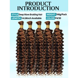 Ombre Honey Blonde Brown Human Braiding Hair for Boho Braids 160g 5 Bundles/Pack 16 Inch Curly Boho Hair for Braiding Knotless 12A Deep Wave Bulk Bohemian Color P4/30