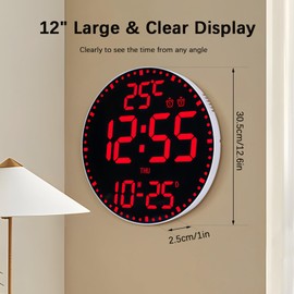 12" Large Digital Wall Clock with 12 RGB Colors & Remote Control, 2025 LED Large Display Timer with Temperature Date Week Adjustable Brightness, Big Wall Alarm Clock for Living Room Office Garage Gym
