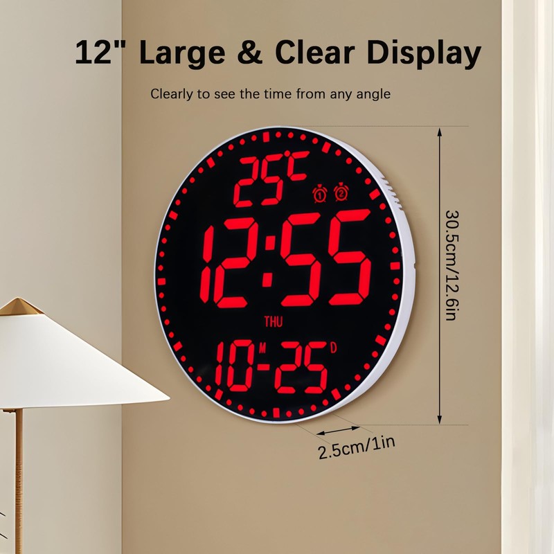 12" Large Digital Wall Clock with 12 RGB Colors &