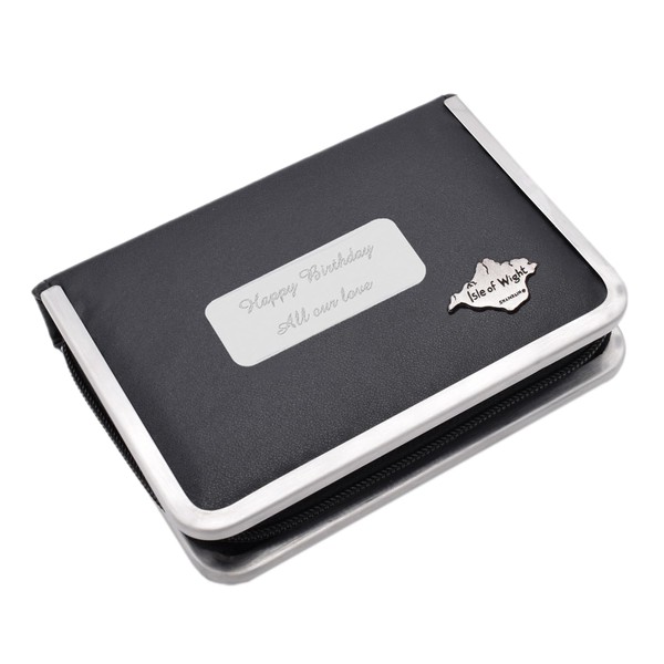 English Pewter Isle of Wight Map Design Black Leatherette Manicure