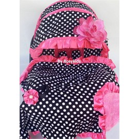Rosy Kids Infant Carseat Canopy Cover 4pc Whole Caboodle, Baby Car Seat Cover Baby Blanket Outdoor Kit, Black Ground Polka Dot Hot Pink