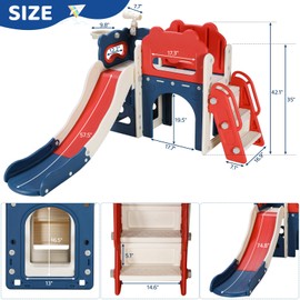 MAMIZO 8-in-1 Large Toddler Slide, L-Shaped Kids Slide with Long Slope, Baby Climber Playset w/Enclosed Steps, Telescope, Basketball Hoop, Tunnel, Indoor Outdoor Playground for Age 3+ (Red & Blue)