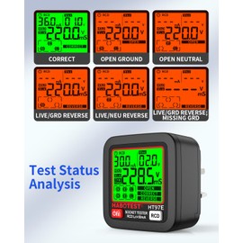 Socket Tester RCD Plug Outlet Tester UK, Electrical Receptacle Detector with LCD Display, 30-260V Power Socket Automatic Electric Circuit Polarity Voltage Detector Plug Breaker Finder 6 Indication