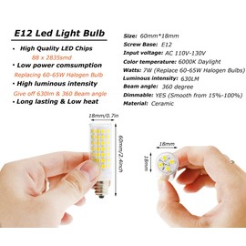 E12 LED Dimmable Bulb 7W T6 C7 Equivalent to Halogen 60W, Daylight White 6000K Candelabra for Ceiling Fan, Chandelier, Kx-2000 Bulbrite Replacement, AC 110-120V 6-Pack