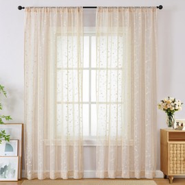 BROSHAN Beige Sheer Curtains 84 inches Long for Retro Living Room, Unique Star Patterned Window Curtains 2 Panel Set Tan Semi Sheer Net Curtain Drapes for Neutral Bedroom Decor