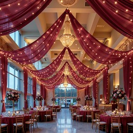 6 Panels Burgundy Ceiling Drapes with Lights for Weddings Ceiling Drapes 5ftx10ft Wedding Draping Fabric Sheer Curtains Tulle Drapery Wedding Decorations for Home Party Ceremony Stage Swag