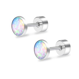 ZDE Titanium Flatback Earrings for Women Opal Blue Pacific Stud Earrings Flat Back Women Hypoallergenic Cartilage Flatback Earring Tragus Helix Conch 3mm-5mm (Multi Green, 4MM)