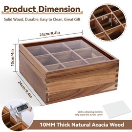 ANMINY Acacia Wood Tea Bag Organizer with Acrylic Clear Top, 10MM Thick Wooden Tea Storage Box with 9 Compartments, Teabag Holder Tea Caddy Chest for Countertop Kitchen Home Office