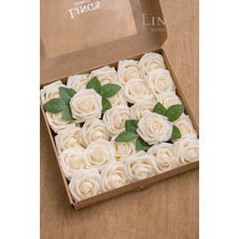 Ling's moment Artificial Flowers 25pcs Real Looking Cream Fake Roses w/Stem for DIY Wedding Bouquets Centerpieces Bridal Shower Party Home Decorations