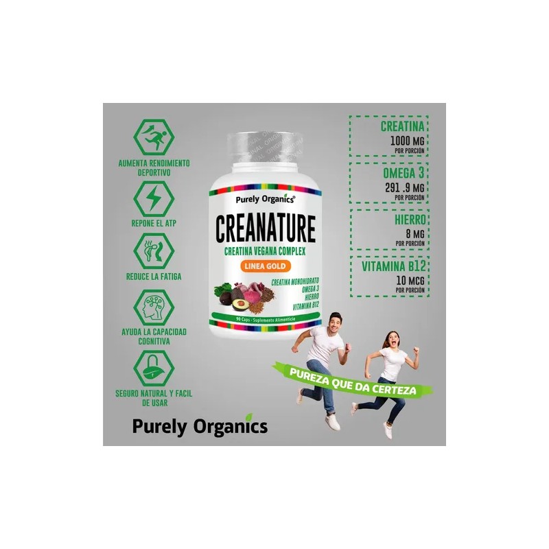 Creatina Vegana Creanature Purely Organics 90 Cápsulas Sin Sabor