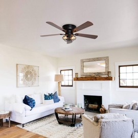 Vaczon 48" Farmhouse Low Profile Ceiling Fan with Light & Remote, Outdoor Flush Mount Ceiling Fans for Bedroom Living Room, 5-Blades 3-Speed Quiet Reversible Motor, Timer Function