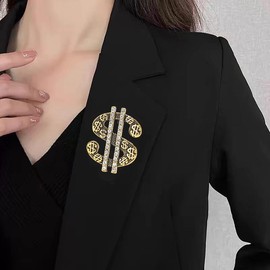 Gold Dollar Sign Brooch Pin for Women Men Dainty Rhinestone Dollar Money Symbol $ Bling Lapel Pin Vintage Sparkly Crystal Money Brooch Badge Trendy Jewelry Gift (Gold)