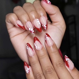Red French Press on Nails Medium Almond Fake Nails with Cute Flower Designs Glue on Nails Red Nail Tip False Nails Full Cover Reusable Artificial Acrylic Stick on Nails for Women 24 Pcs