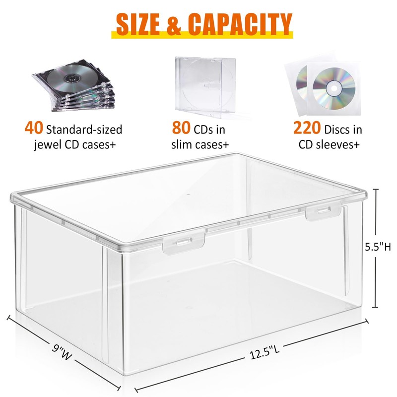 CD Storage Box, Stackable Clear Plastic CD Organizer