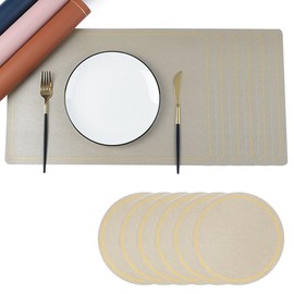 Soulnioi Placemats and Coasters Set of 6, PU Leather Table Mats Heat Resistant Washable Place Mats Not Rolled Plate Mats for Kitchen Dining Table Restaurant Home Decor - Champagne