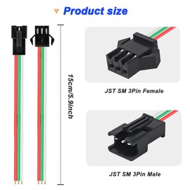 Xiatiaosann JST SM 3 Pin Connectors for WS2812B WS2812 WS2811, 22AWG LED Male/Female Connector Adapter Open Wire (60 Pcs)