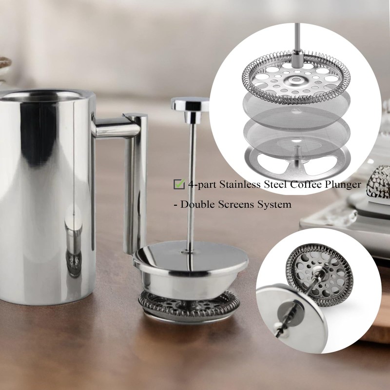 Small Stainless Steel French Press, 12oz Dual-Filter Coffee Plunger Pot