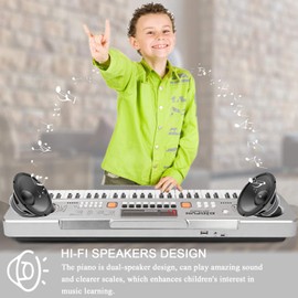 LeeQee Digital Keyboard Piano for Kids & Beginners, 61 Keys Multifunction Electric Piano Keyboard with Microphone, Educational Instrument Musical Toy for 3-12 Years Old Boys Girls (Silver)
