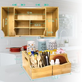 WRINGKIT Coffee Station Organizer for Countertop, Bamboo Coffee Bar Condiment Organizer, Extendable Tea Condiment Storage for Bar Decor, Kitchen, Office, 7 Compartment