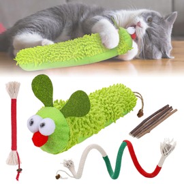 Cat Catnip Toys Set with 1 Caterpillar Cat Toy, 2 Cat Chew Rope & 5 Catnip Sticks, Natural & Safe Kitten Teething Toys for Dental Care & Teething Kittens
