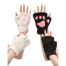 OTPEH 2 Pairs Cat Paw Gloves Fingerless Furry Cat Costume Black And White For Women Costume Accessories