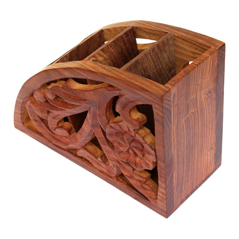 ITOS365 Wooden Floral Carved Remote Control Rack Stand Holder Storage