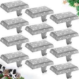 Huwena Christmas Stocking Holders Shiny Mantel Stocking Hangers Fireplace Hangers Glitter Hanging Hooks for Christmas Holiday Fireplace Window Table Supplies (Silver,12 Pcs)