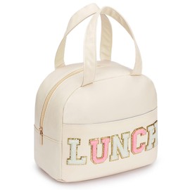 DIRGEE Lunch Bag for Women Insulated For Men PU leather Small Office Work lunch with Chenille Letters Leakproof Freezable Cooler Reusable Portable Box (White)
