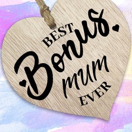 Step Mum Gifts from Daughter Son - Best Bonus Mum - Best Step Mum Gifts, Presents for Step Mum, Hanging Wooden Heart Sign Plaque, Birthday Gifts for Mum Gift, Mothers Day - Light Wood Hearts Sign