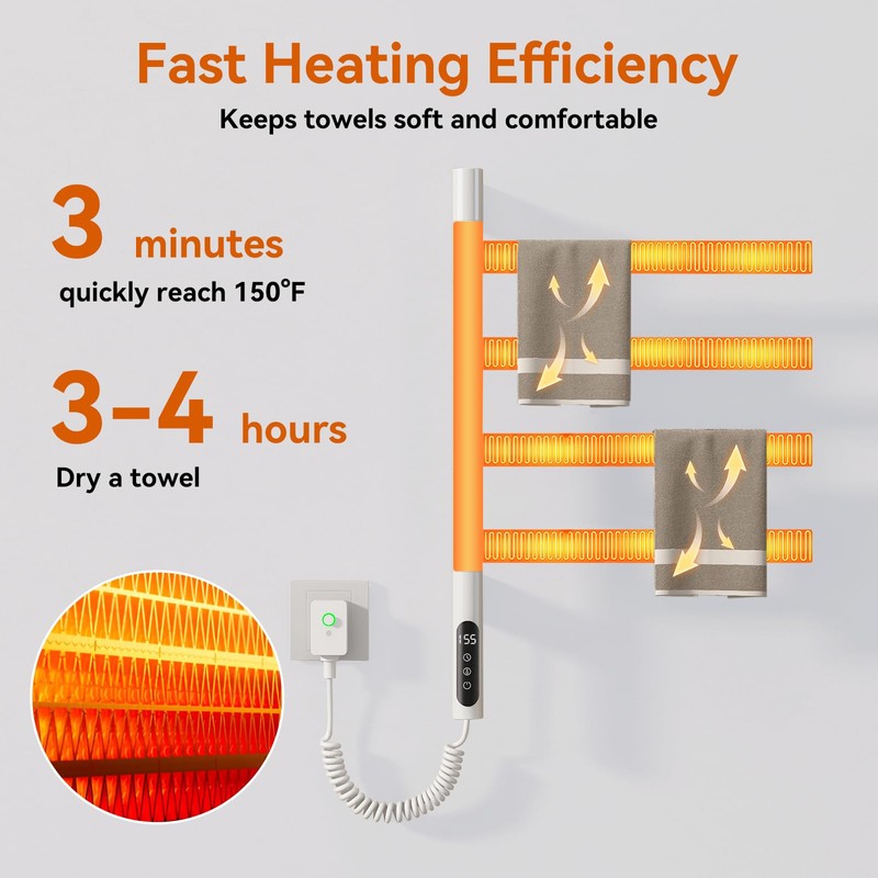 SEHAUSEU Tower Warmer Rack, 4 Bars Wall Mounted Electric Heated