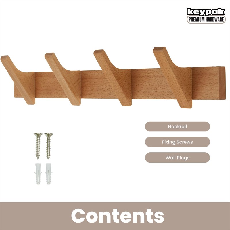 Keypak Wooden Wall Mounted Coat Rack 4 Hook 46cm Slimline