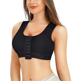 Nebility Women Front Closure Compression Bras for Post Surgery Mastectomy Support with Adjustable Straps Wirefree Sports Bras (Large, Black)